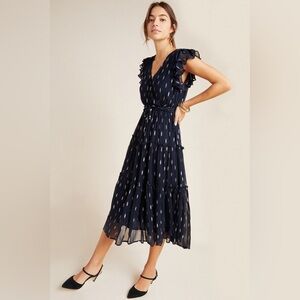 Anthropologie Navy Ruffle Sleeve Dress